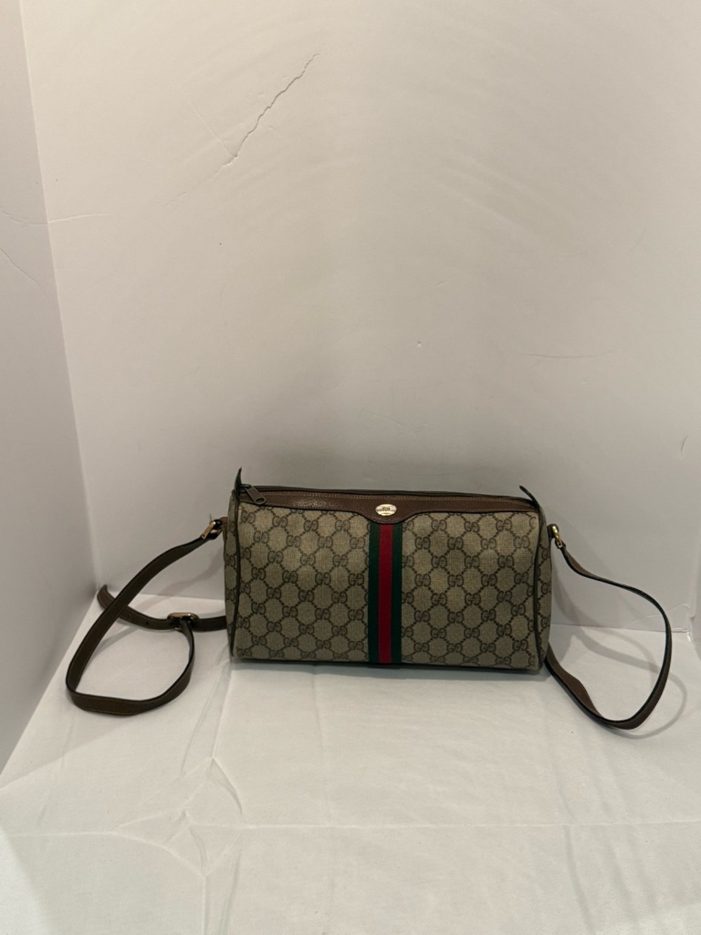 Gucci Beige GG Canvas Crossbody with Green-Red Web Stripe